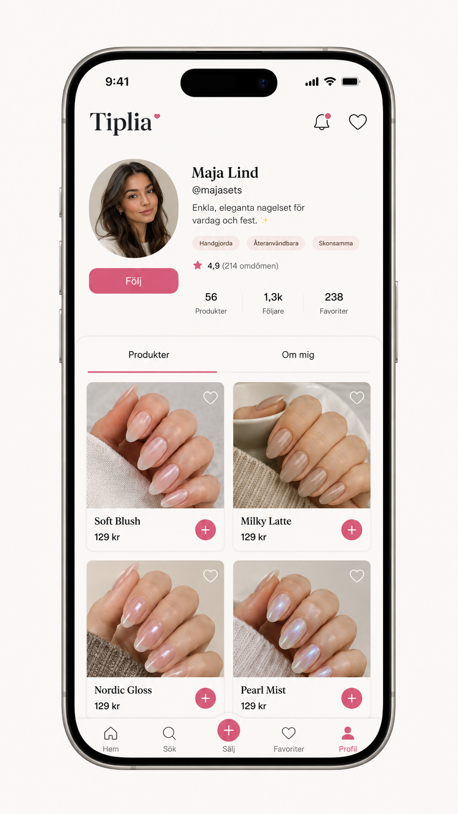 Tiplia-appen visar en säljarprofil med nagelset och bottennavigation